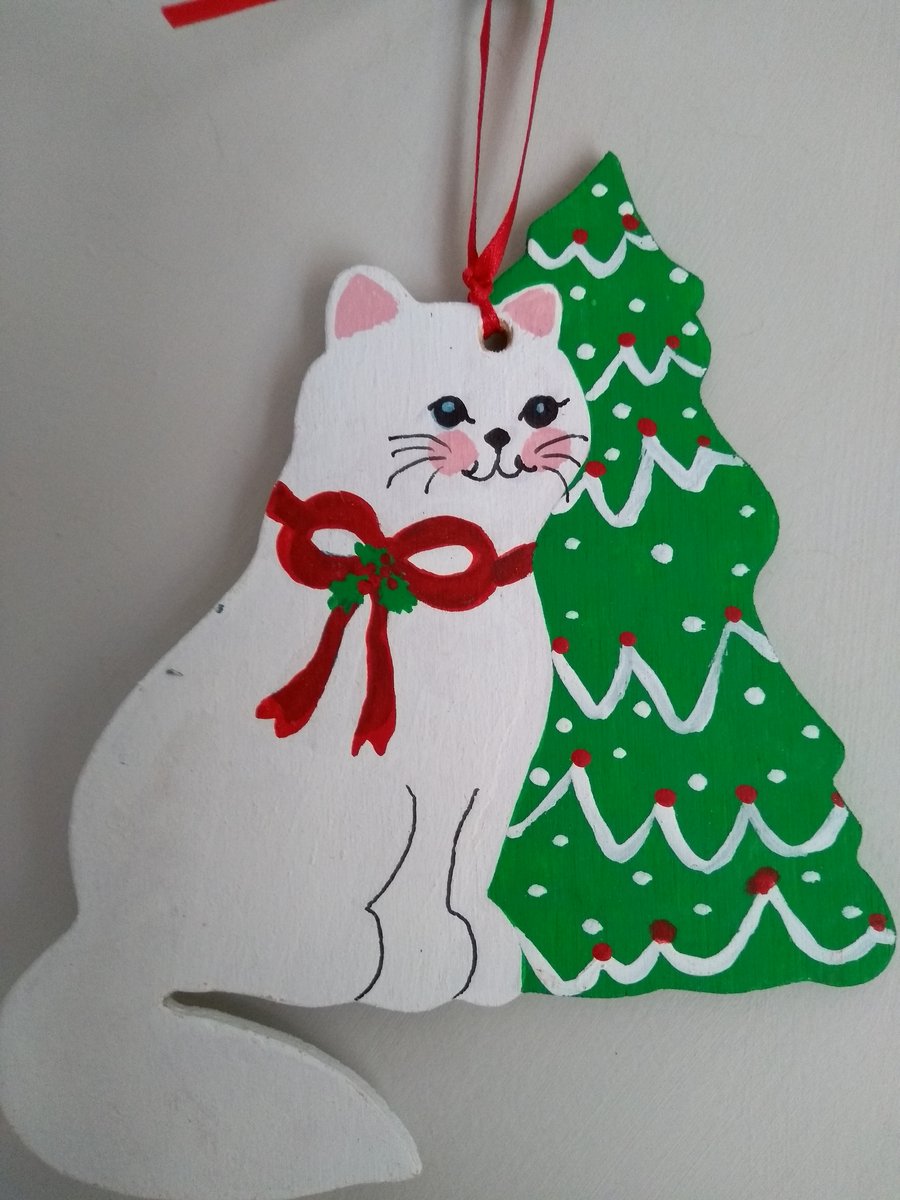 White cat wooden Christmas hanging decoration