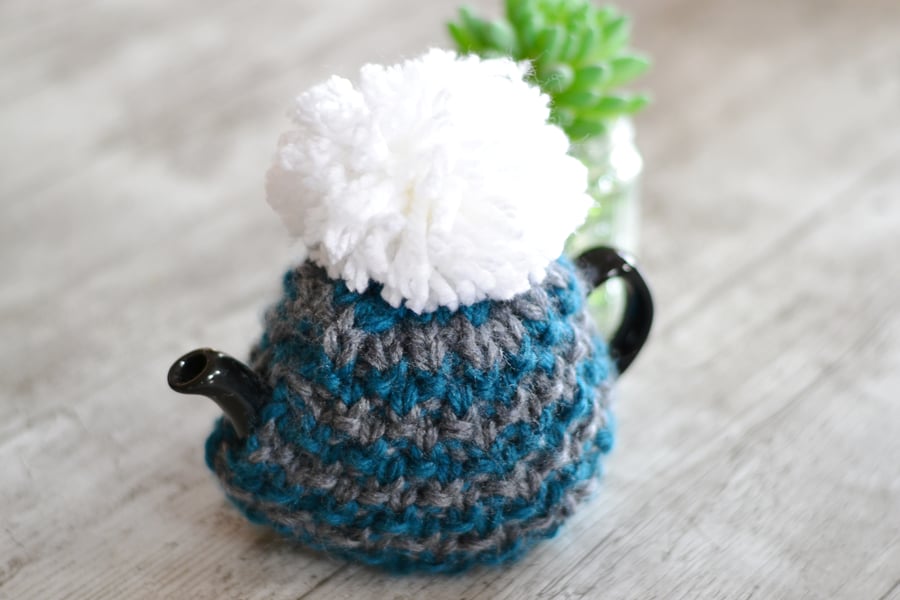 1 - 2   Cup Super Chunky  Petrol and Grey  Hand Knitted  Tea Cozy