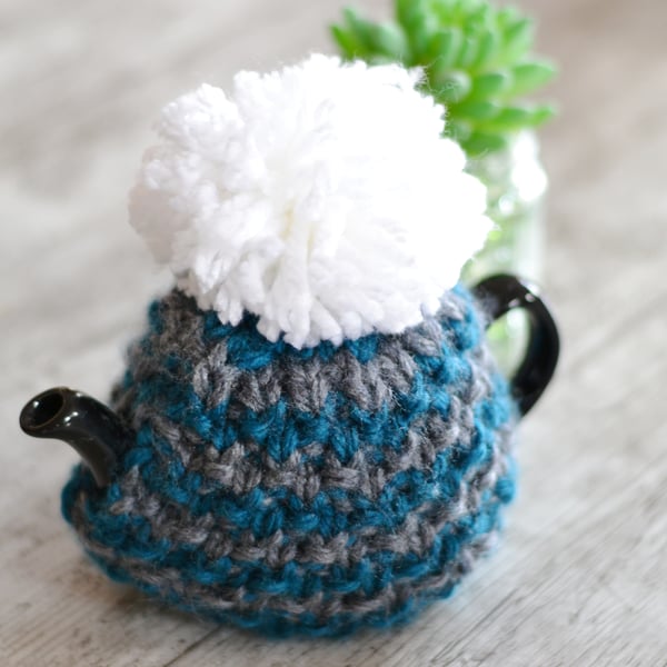 1 - 2   Cup Super Chunky  Petrol and Grey  Hand Knitted  Tea Cozy