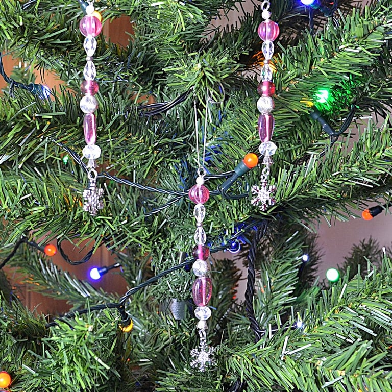 Christmas Decorations – Set of 3 – Pink, Silver, and Clear Bead with Snowflake