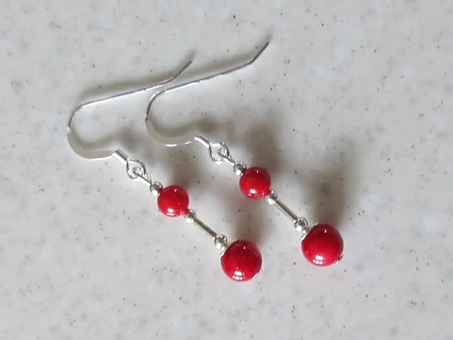 Dainty Red Coral Earrings With Sterling Silver Tubes - Gift Under 15 Pounds