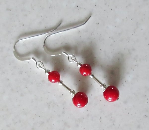 Dainty Red Coral Earrings With Sterling Silver Tubes - Gift Under 15 Pounds