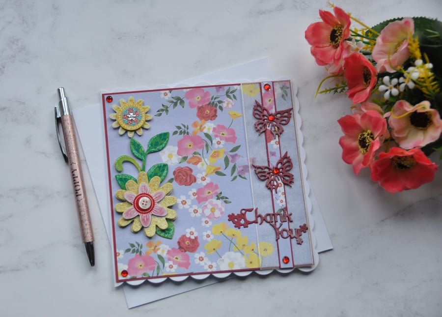 Thank You Card Thank You Red Butterflies and Flowers 3D Luxury Handmade