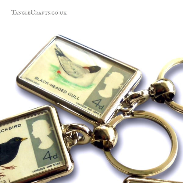 Seagull Keyring - upcycled 1966 postage stamp, black headed gull