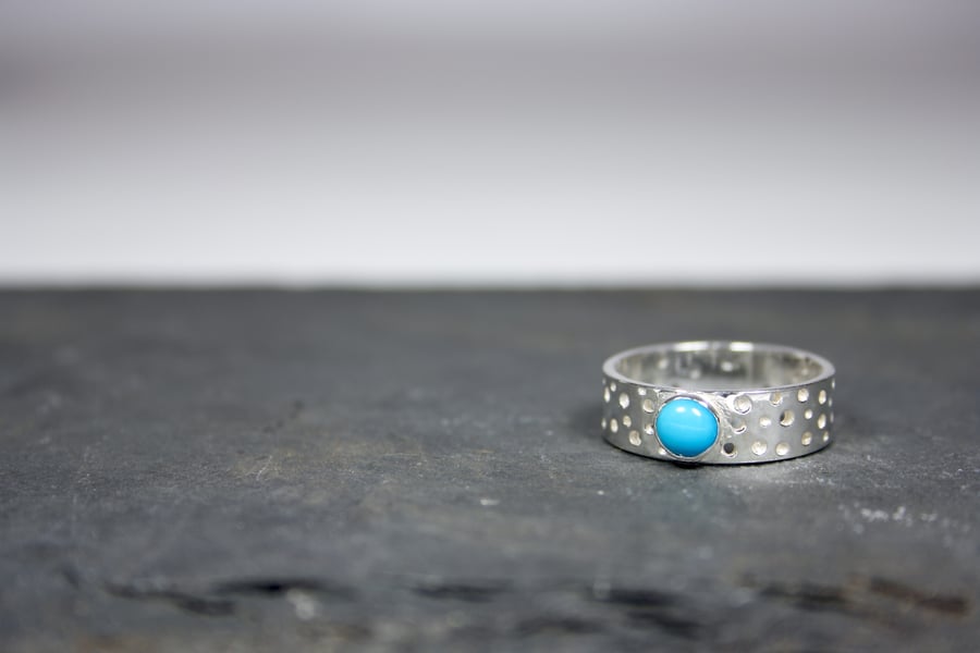 Handmade Silver Ring with Drilled Hole Pattern and 5mm Turquoise Gemstone