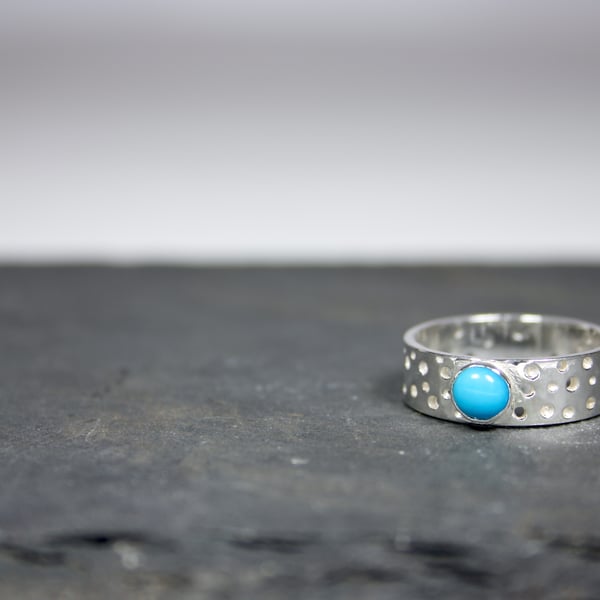 Handmade Silver Ring with Drilled Hole Pattern and 5mm Turquoise Gemstone