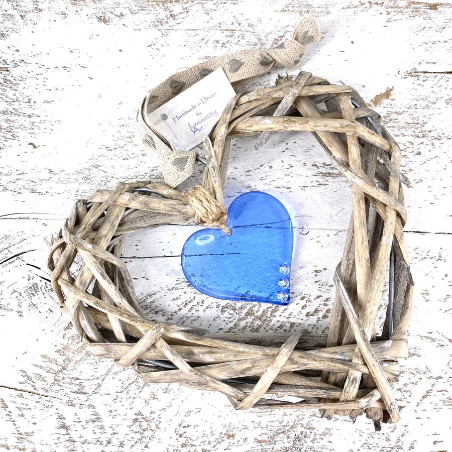 Fused Glass & Wicker Hanging Heart -  Blue