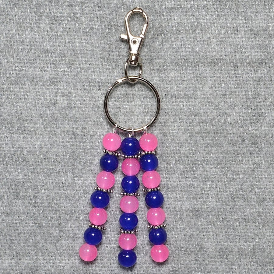 Bag Charm – Pink and Deep Blue Glass Bead and Silver Spacer Triple Dangle