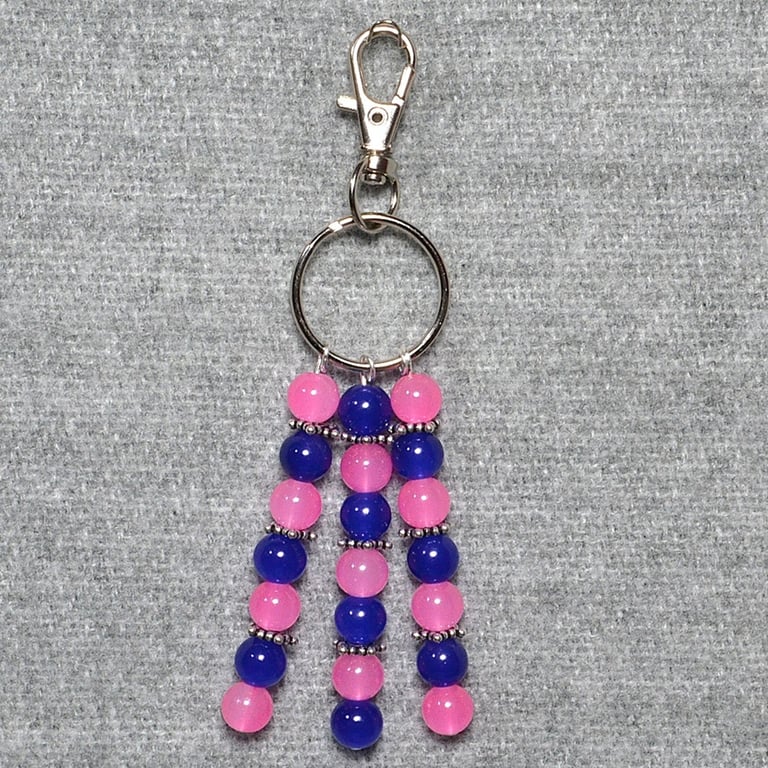Bag Charm – Pink and Deep Blue Glass Bead and Silver Spacer Triple Dangle