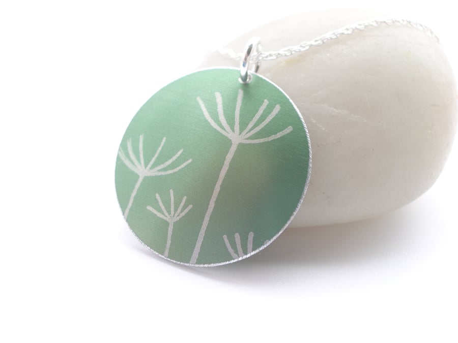 Dandelion seed pendant necklace in green and silver