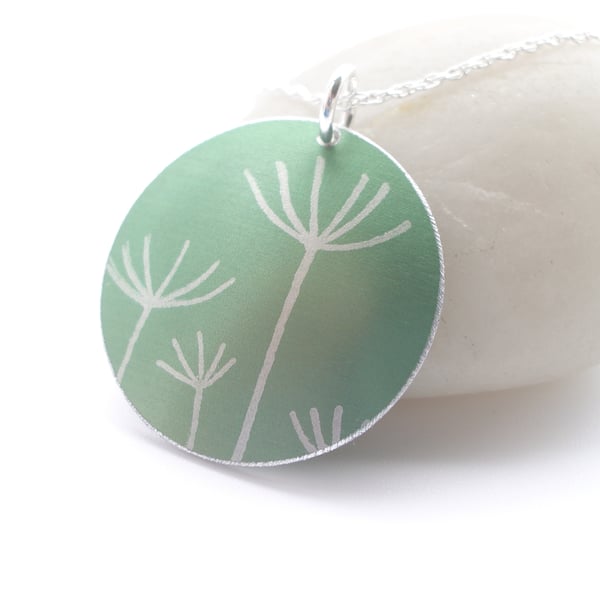 Dandelion seed pendant necklace in green and silver