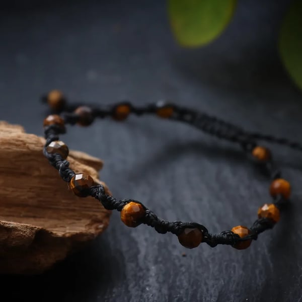 Adjustable micro macrae bracelet with natural stones Tiger Eye
