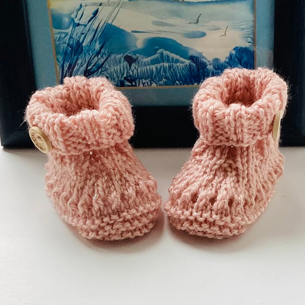 Beige sparkle baby booties, First size booties, Hand knitted booties,