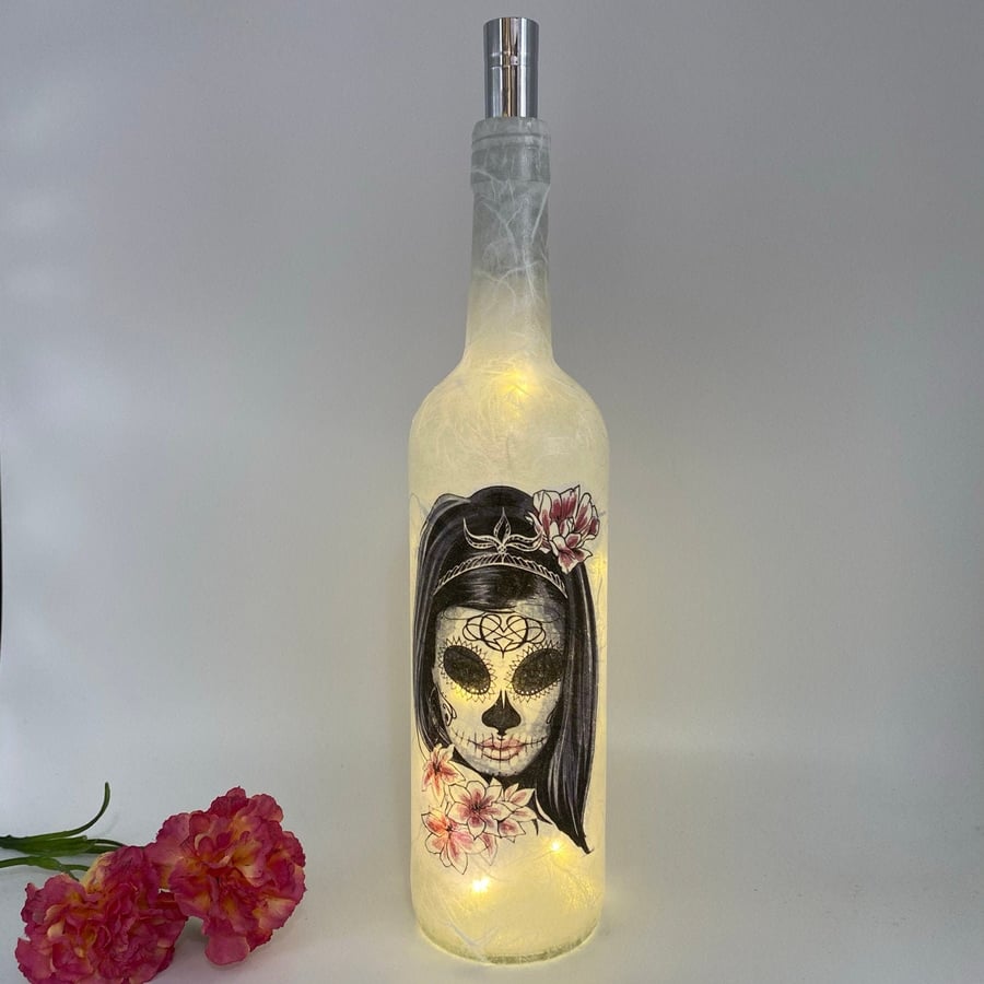 Decoupage bottle with lights, day of the dead, skull lady, gothic, halloween