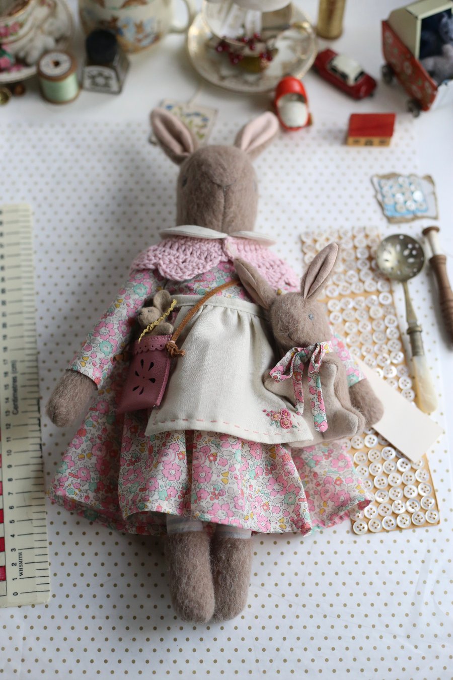 Wild bunny with vintage style baby bunny set - Betsy Ann pale pink