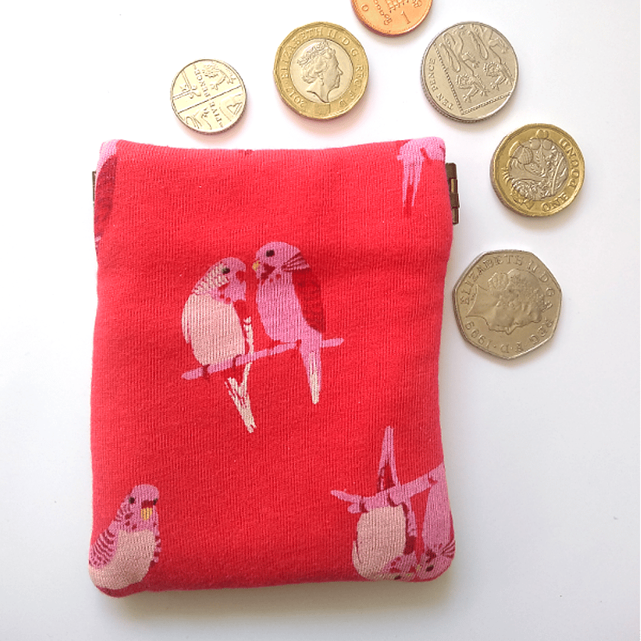 Red budgie pouch for coins or earbuds