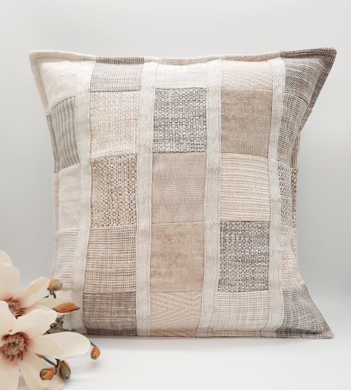 Cream patchwork envelope cushion cover.  