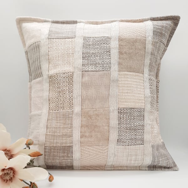 Cream patchwork envelope cushion cover.  