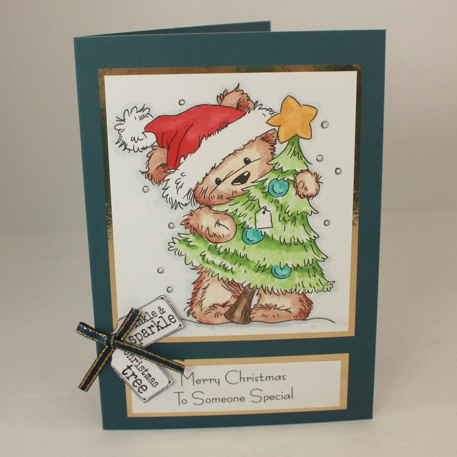 Handmade Christmas card - cute bear with Christmas tree - to someone special