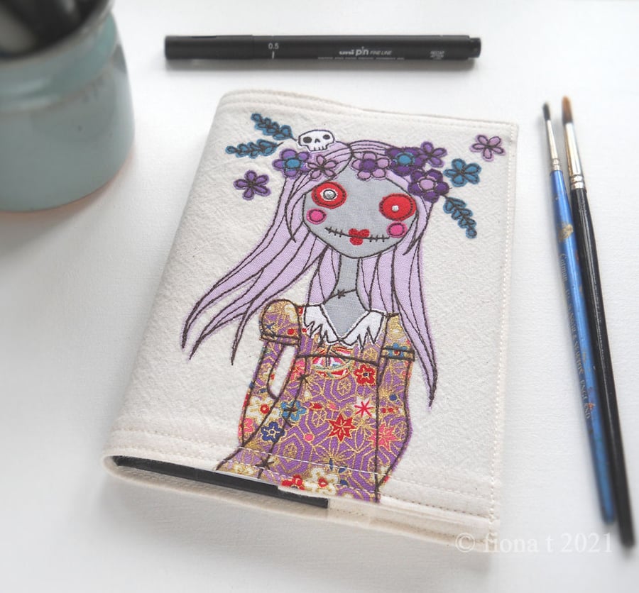 free machine embroidered floral crown zombie A6 sketchbook purple