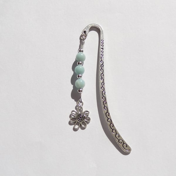 Amazonite natural stone beaded bookmark with flower charm in an organza bag
