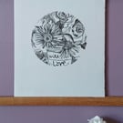 'Blooms with Love', Linocut Print on Shiramine Select Paper