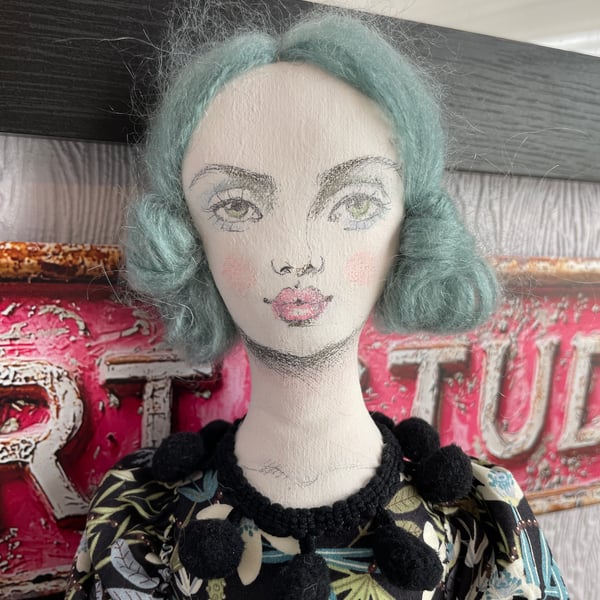 Molly handmade OOAK Art Doll in Liberty Print dress with blue Mohair