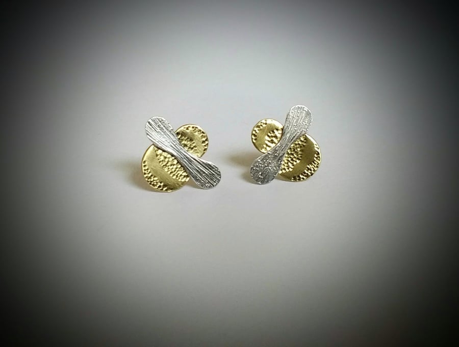 Bumble Bee (Mini-Bee) Stud Earrings, Brass Body with Silver Wings