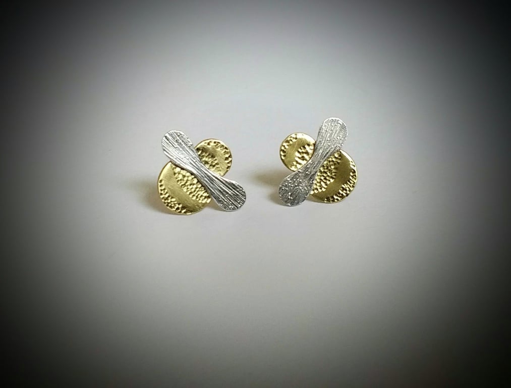 Bumble Bee (Mini-Bee) Stud Earrings, Brass Body with Silver Wings