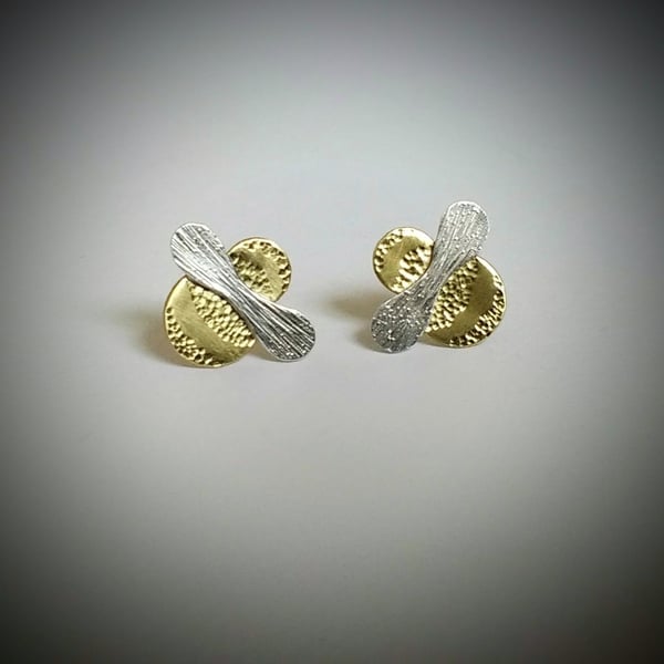 Bumble Bee (Mini-Bee) Stud Earrings, Brass Body with Silver Wings