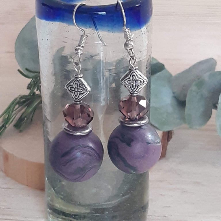 Statement jewellery - mauve, black and silver dangly earrings