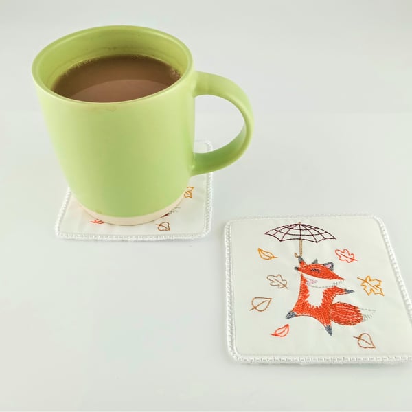 Coasters -  Adorable Fox Holding an Umbrella Machine Embroidered Coasters