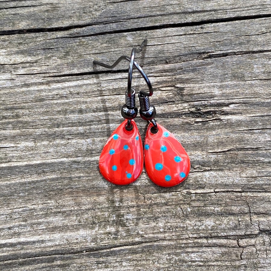 Red & Turquoise Spot Enamel Teardrop Earrings. Sterling silver available