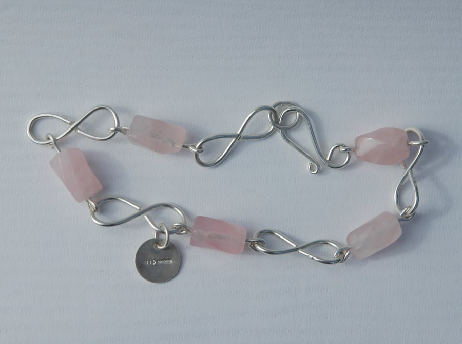 Sterling Silver Infinity Link Bracelet with Rose Quartz Gemstones, Hallmarked