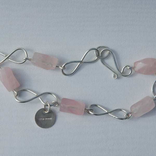 Sterling Silver Infinity Link Bracelet with Rose Quartz Gemstones, Hallmarked