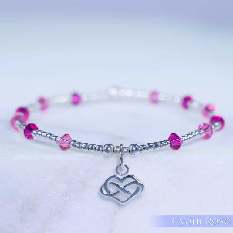 Bracelet dainty sterling silver with pink Swarovski & infinity heart charm