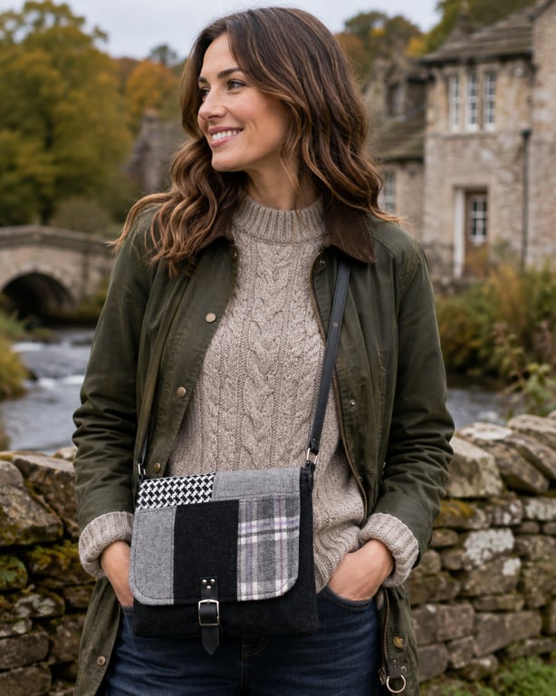 Black tweed crossbody bag grey patchwork wool tweed shoulder bag handbag