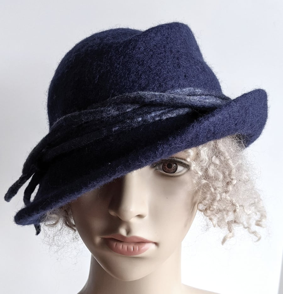 Navy asymmetrical felted wool hat