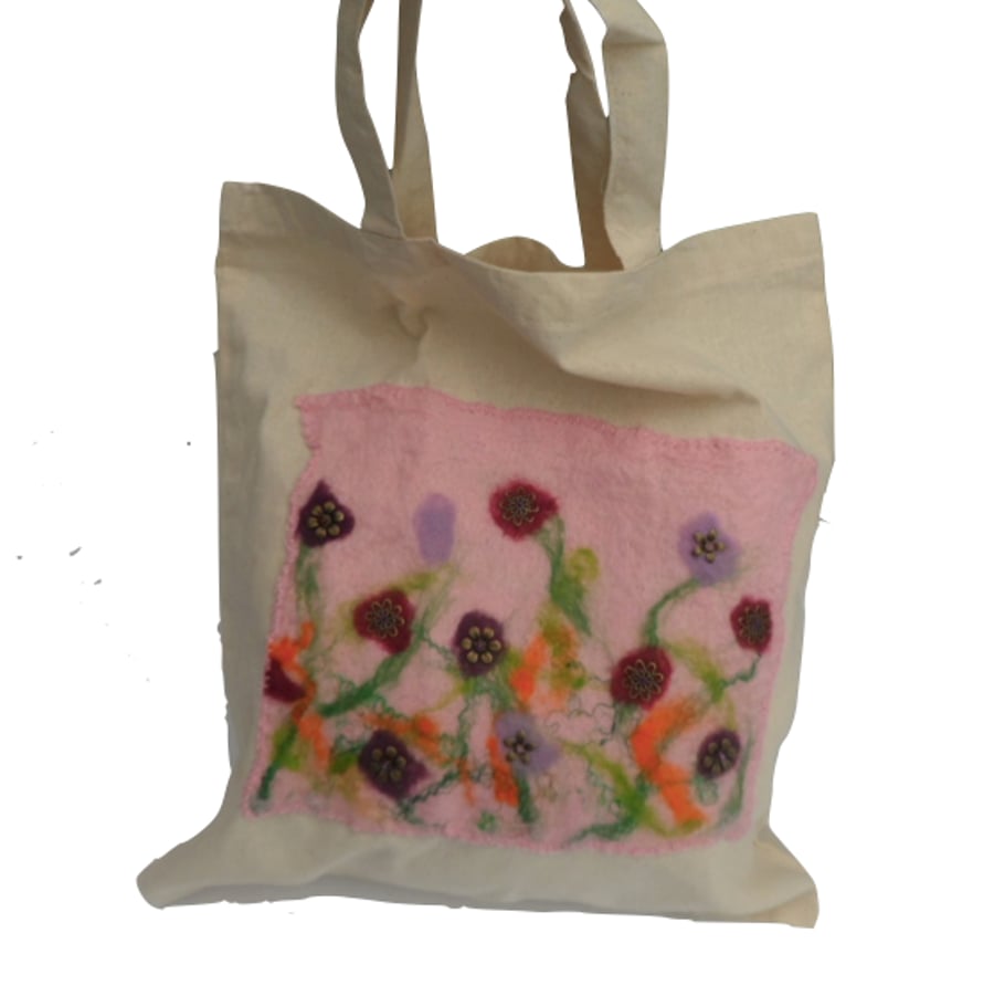 Cotton Tote Bag with pink hand felted and beaded floral panel