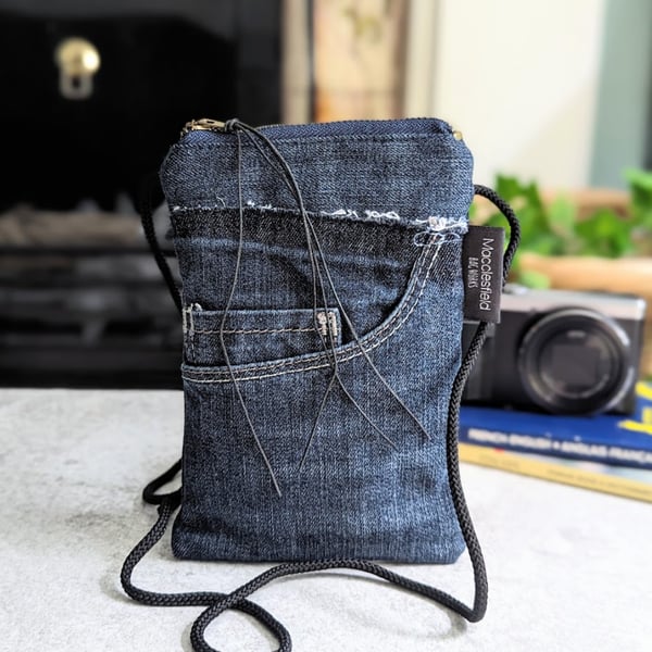 Denim Bag - Mini Cross Body Jeans Phone Bag with Quirky Skeleton Lining