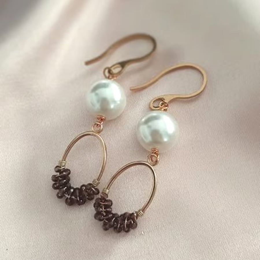 Plum Beaded Oval Drop Earrings with Pearl – Handmade Wire Wrapped Statement Jewe