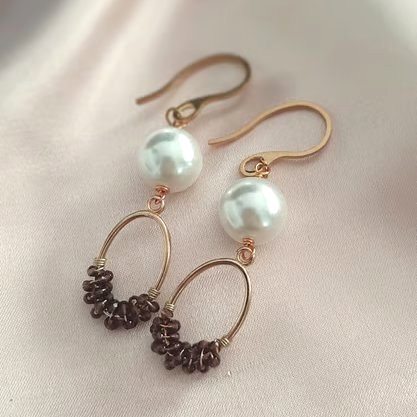 Plum Beaded Oval Drop Earrings with Pearl – Handmade Wire Wrapped Statement Jewe