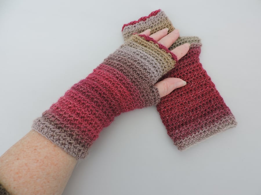 Fingerless Mitts Raspberry Pink, Coffee and Taupe Alpaca and Acrylic