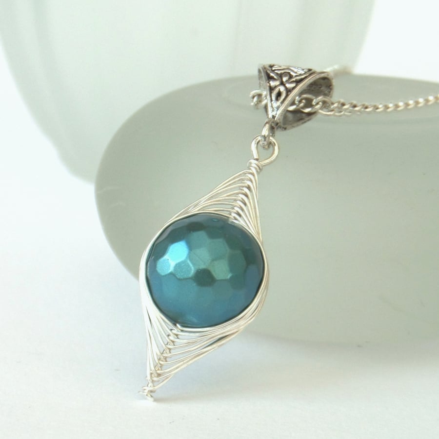 Teal shell pearl necklace, wire wrapped necklace