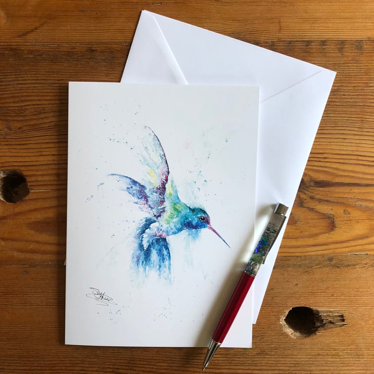 Broadbilled Hummingbird Card, A5 blank greeting card with a watercolour bird