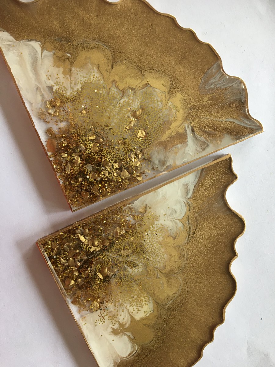 Resin coasters, gold blush, geode slices, one of a kind, set of 2