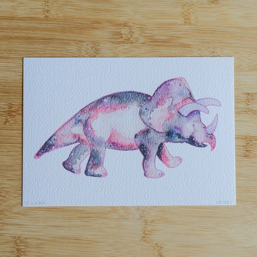 Triceratops,  dinosaur art print, watercolour galaxy 