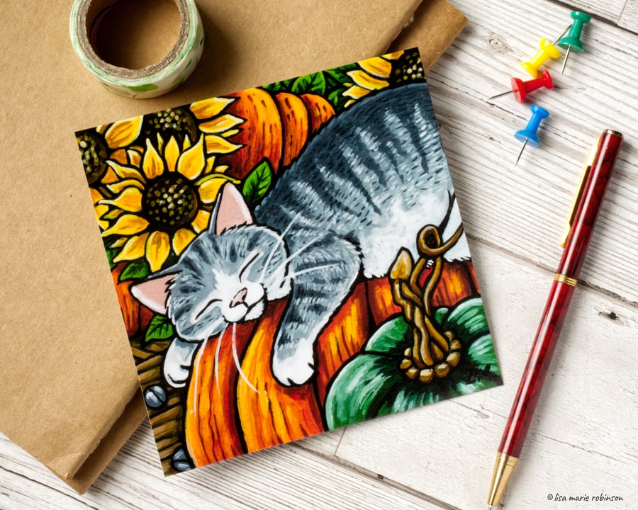 Sleeping Tabby Cat and Pumpkins Postcard