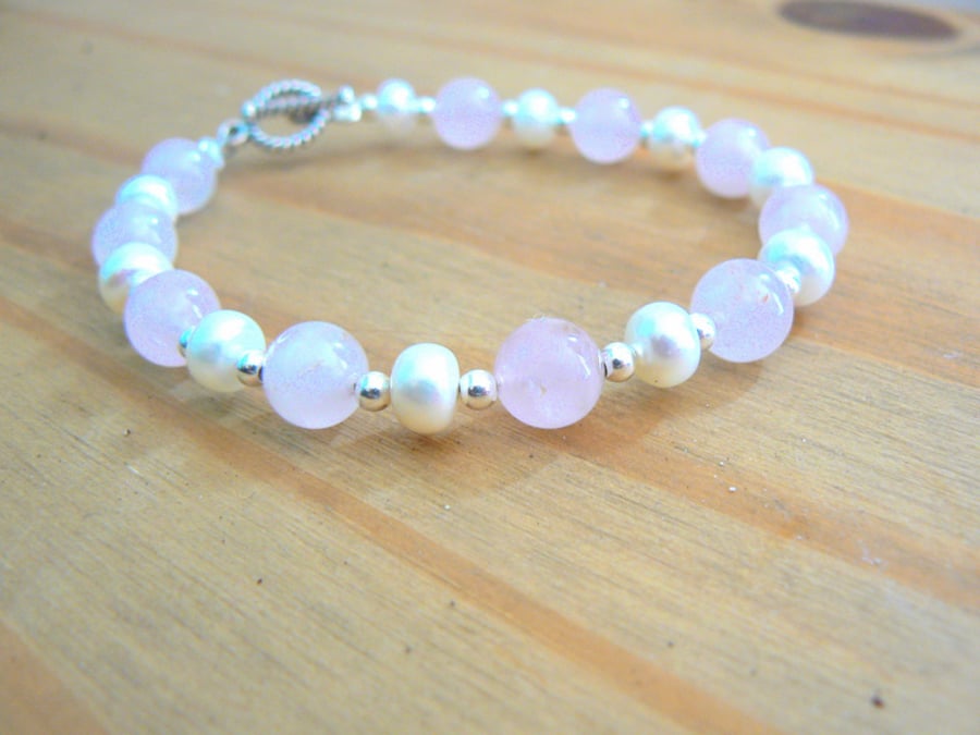 Ivory Freshwater Pearls, Rose Quartz and Sterling Silver Bracelet