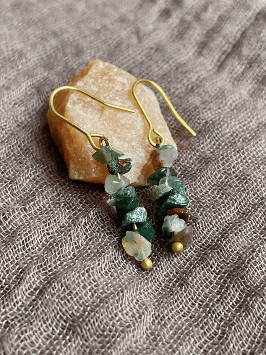 Handmade natural Indian agate stone and brass earrings, stone jewellery